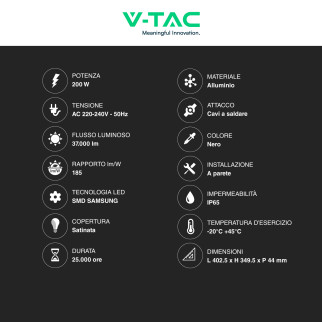 V-Tac VT-44205 Faro LED 200W Faretto SMD IP65 Colore Nero