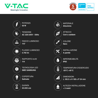 VT-4455 Faro LED 50W SMD IP65 Chip Samsung Colore Nero V-Tac Pro