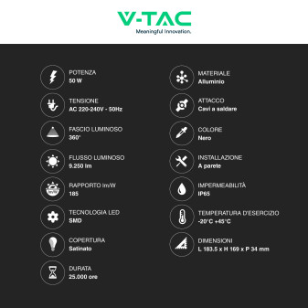 V-Tac VT-4456 Faro LED 50W Faretto SMD IP65 Colore Nero