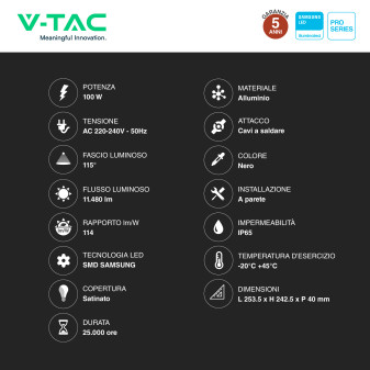 VT-44101 Faro LED 100W SMD Chip Samsung IP65 Nero V-Tac Pro
