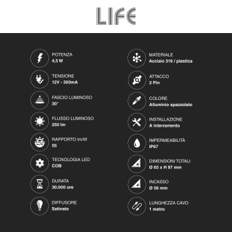 Punto Luce LED COB 4,5W Segnapasso da Interramento IP67 IK06 Life