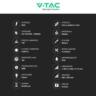 VT-3107 Mini Pannello LED SMD Quadrato 36W da Incasso con Driver V-Tac