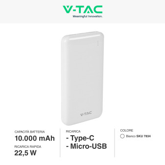 VT-10005 Power Bank Portatile 10000mAh Colore Bianco V-Tac