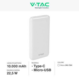 VT-10005 Power Bank Portatile 10000mAh Colore Bianco V-Tac