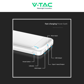 VT-10005 Power Bank Portatile 10000mAh Colore Bianco V-Tac