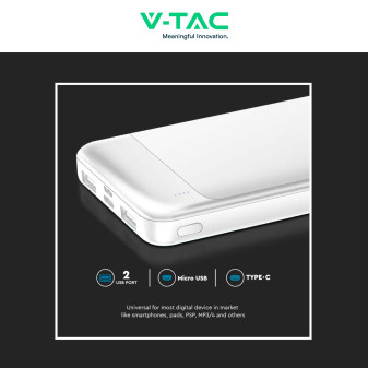 VT-10005 Power Bank Portatile 10000mAh Colore Bianco V-Tac