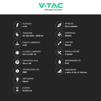 VT-819 Lampada LED da Muro 16W SMD IP44 Ruotabile Bianco V-Tac