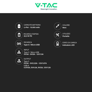 VT-10005 Power Bank 10000mAh Ricarica Rapida PD Nero V-Tac