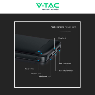 VT-10005 Power Bank 10000mAh Ricarica Rapida PD Nero V-Tac