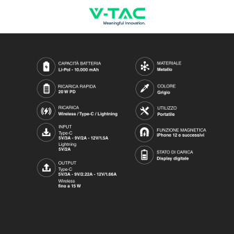 VT-100011 Power Bank 10000mAh Ricarica Rapida PD V-Tac