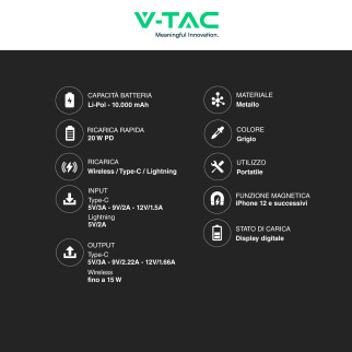 VT-100011 Power Bank 10000mAh Ricarica Rapida PD V-Tac