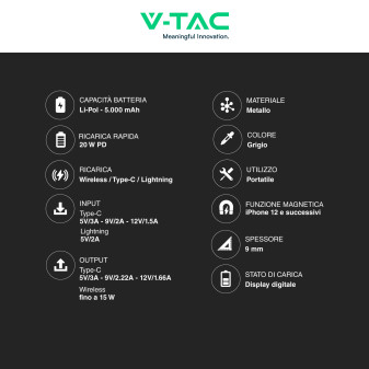 Power Bank 5000mAh Ricarica Rapida PD VT-50005 V-Tac