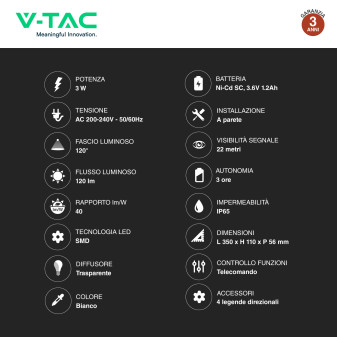VT-997 Lampada LED di Emergenza 3W SMD IP65 V-Tac