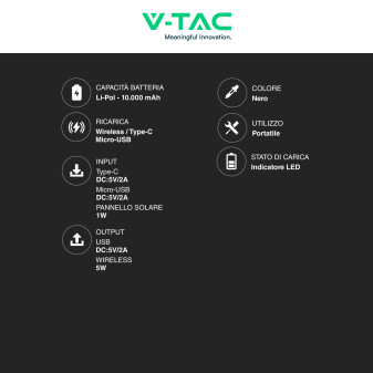 VT-11111 Power Bank 10000mAh Ricarica Wireless Nero V-Tac