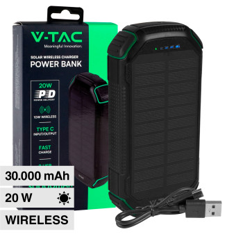 VT-33333 Power Bank 30000mAh Ricarica Wireless Nera V-Tac