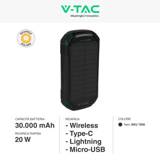 VT-33333 Power Bank 30000mAh Ricarica Wireless Nera V-Tac