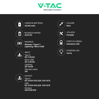 VT-33333 Power Bank 30000mAh Ricarica Wireless Nera V-Tac