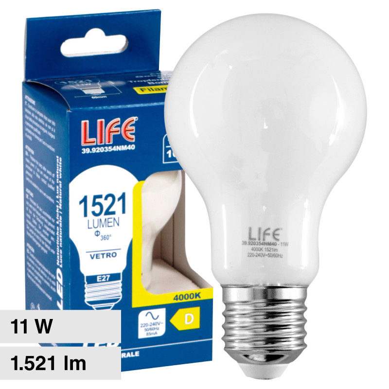 Lampadina LED E27 11W Goccia A60 Filament in Vetro Milky Life