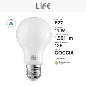 Lampadina LED E27 11W Goccia A60 Filament in Vetro Milky Life