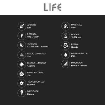 Lampadina LED E27 11W Goccia A60 Filament in Vetro Milky Life