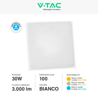 VT-8630 Plafoniera LED Quadrata 30W SMD IP44 Bianca V-Tac