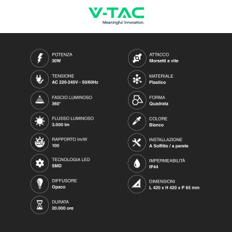 VT-8630 Plafoniera LED Quadrata 30W SMD IP44 Bianca V-Tac