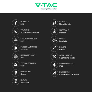 VT-8630 Plafoniera LED Quadrata 30W SMD IP44 Bianca V-Tac