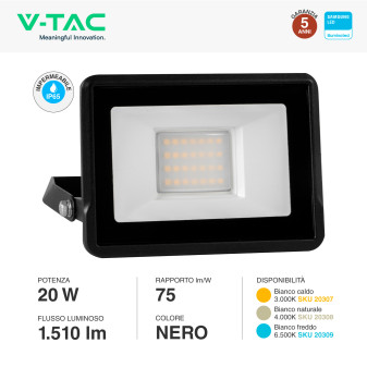 VT-128 Faro LED 20W SMD IP65 Chip Samsung Colore Nero V-Tac