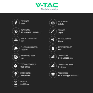 VT-830 Lampada LED Giardino 10W COB CREE Grigia IP65 V-Tac