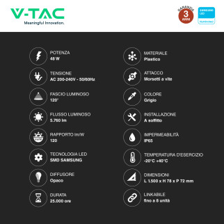 VT-150048 Tubo LED Plafoniera 48W SMD Samsung IP65 V-Tac