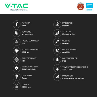 VT-150148S Tubo LED Plafoniera 48W Samsung SMD IP65 V-Tac