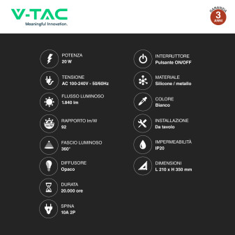 VT-7312 Lampada LED da Tavolo 20W Colore Bianco V-Tac