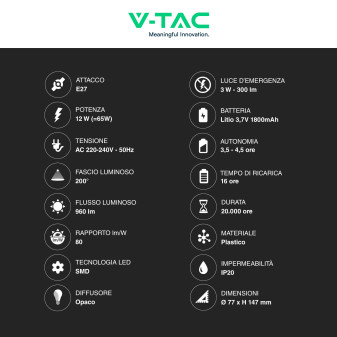 VT-51012 Lampadina LED E27 12W SMD Luce di Emergenza V-Tac