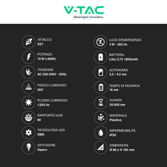 VT-51015 Lampadina LED E27 15W SMD Luce di Emergenza V-Tac