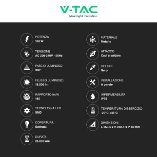 V-Tac VT-44105 Faro LED 100W Faretto SMD IP65 Nero