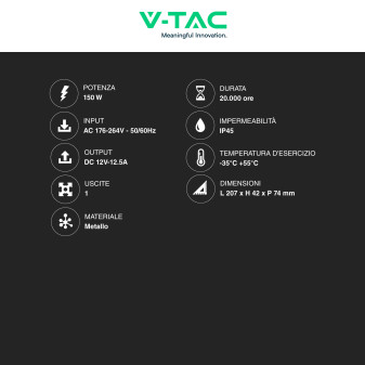 V-Tac VT-21151 Alimentatore 150W 12V Rainproof IP45 a 1 Uscita con