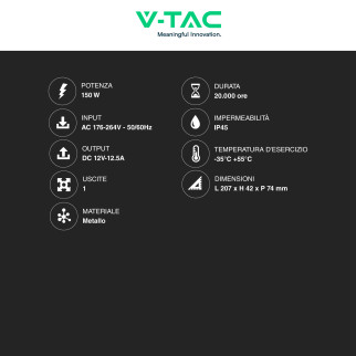 V-Tac VT-21151 Alimentatore 150W 12V Rainproof IP45 a 1 Uscita con