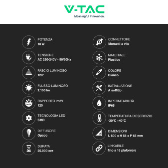 VT-6076 Tubo LED Plafoniera 18W SMD IP65 V-Tac