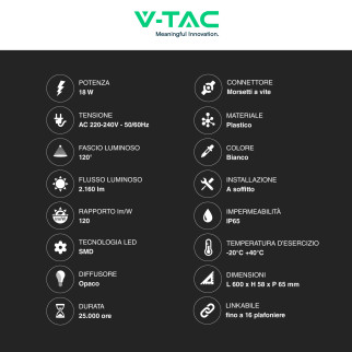 VT-6076 Tubo LED Plafoniera 18W SMD IP65 V-Tac