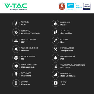 VT-9-111 Lampada Industriale LED 100W SMD Driver Lifud V-Tac