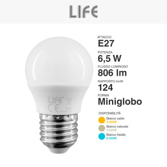 Lampadina LED E27 6,5W Minisfera G45 MiniGlobo SMD Life