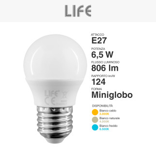 Lampadina LED E27 6,5W Minisfera G45 MiniGlobo SMD Life