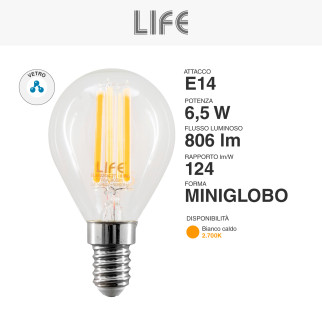Life Lampadina LED E14 6,5W P45 MiniGlobo SMD in Vetro