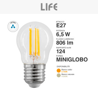 Lampadina LED E27 6,5W Minisfera G45 MiniGlobo Filament Life