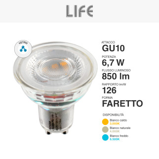 Faretto LED PAR16 Spotlight GU10 6,7W SMD in Vetro Life