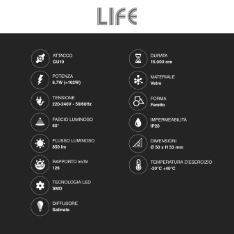 Faretto LED PAR16 Spotlight GU10 6,7W SMD in Vetro Life