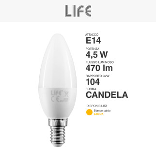 Lampadina LED E14 4,5W Candle C35 Candela SMD Life
