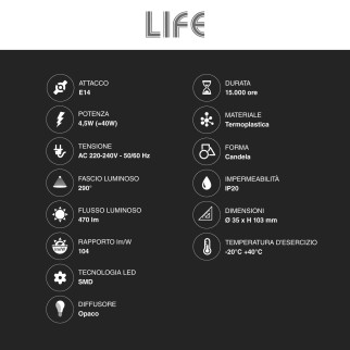 Lampadina LED E14 4,5W Candle C35 Candela SMD Life