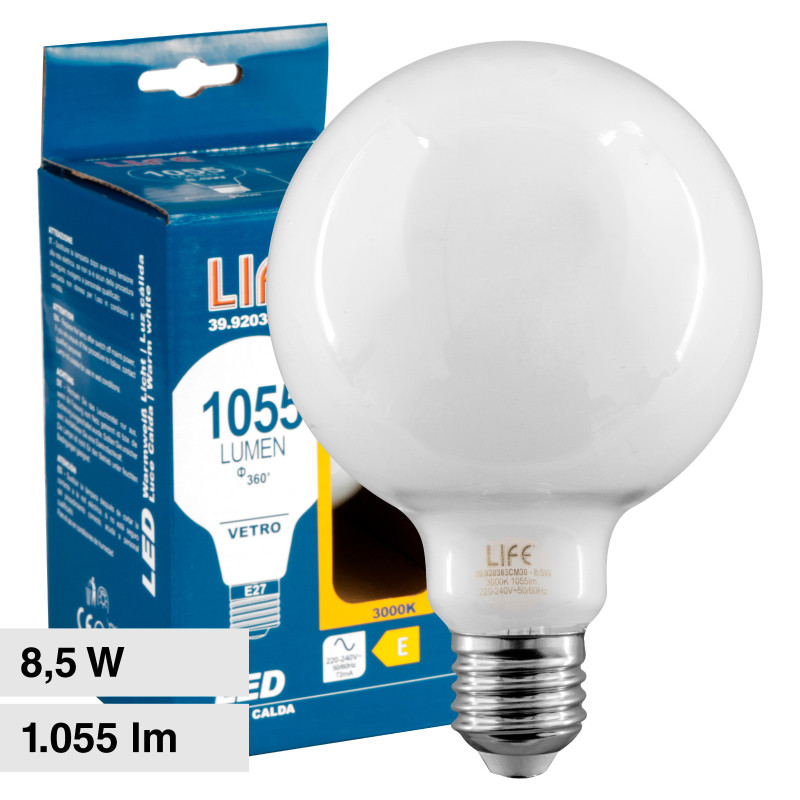 Lampadina LED E27 8,5W Bulb G95 Milky Filament Vetro Life