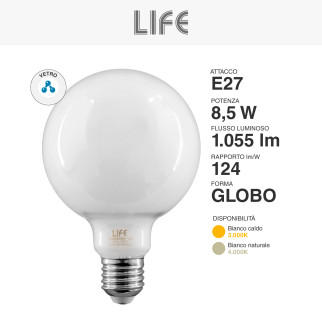 Lampadina LED E27 8,5W Bulb G95 Milky Filament Vetro Life